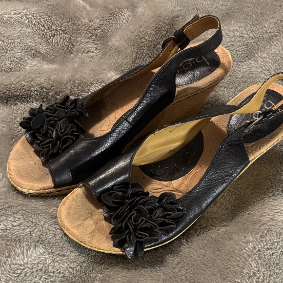 boc Shoes - boc Black and Tan Wedge Sandals with Floral Accent